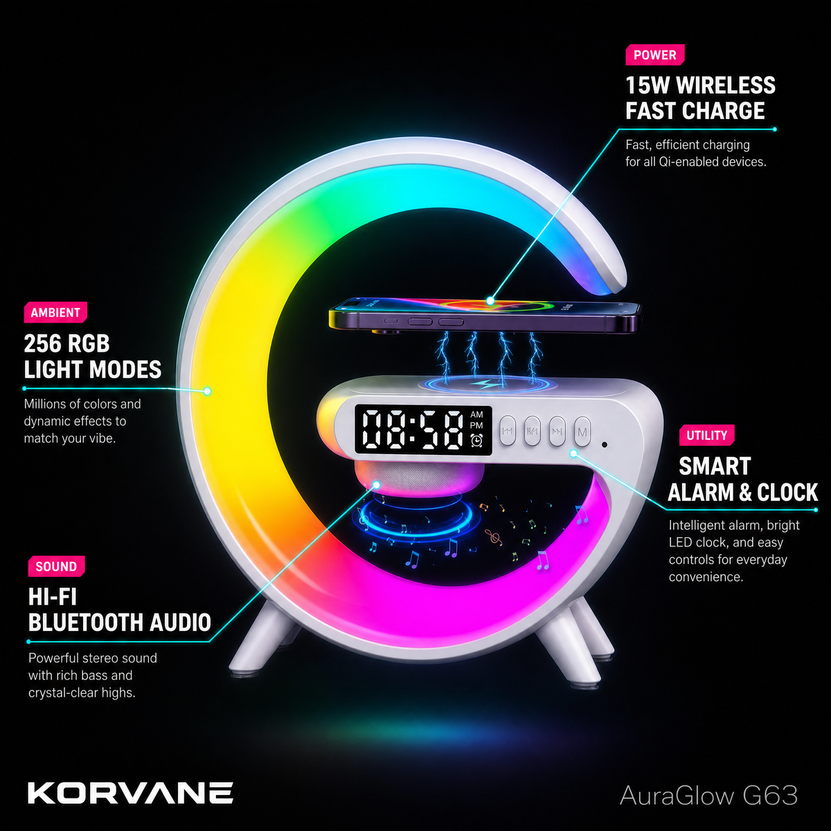 KORVANE G63 AuraGlow Audio Speaker with Wireless Charging