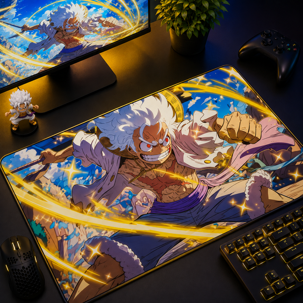 Luffy Golden Nika Surge Desk Mat Mockup