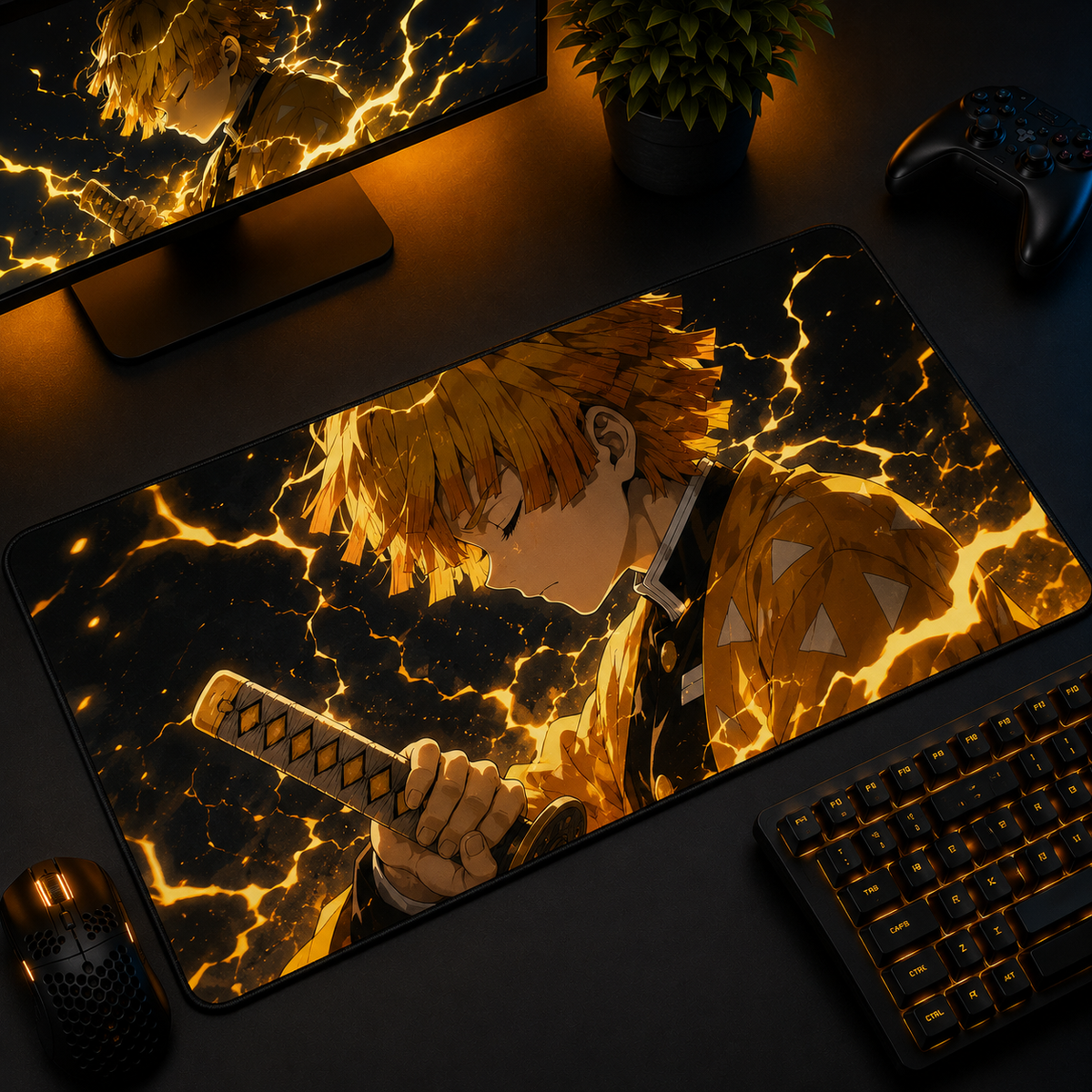 Zenitsu Thunderclap Godspeed Desk Mat Mockup